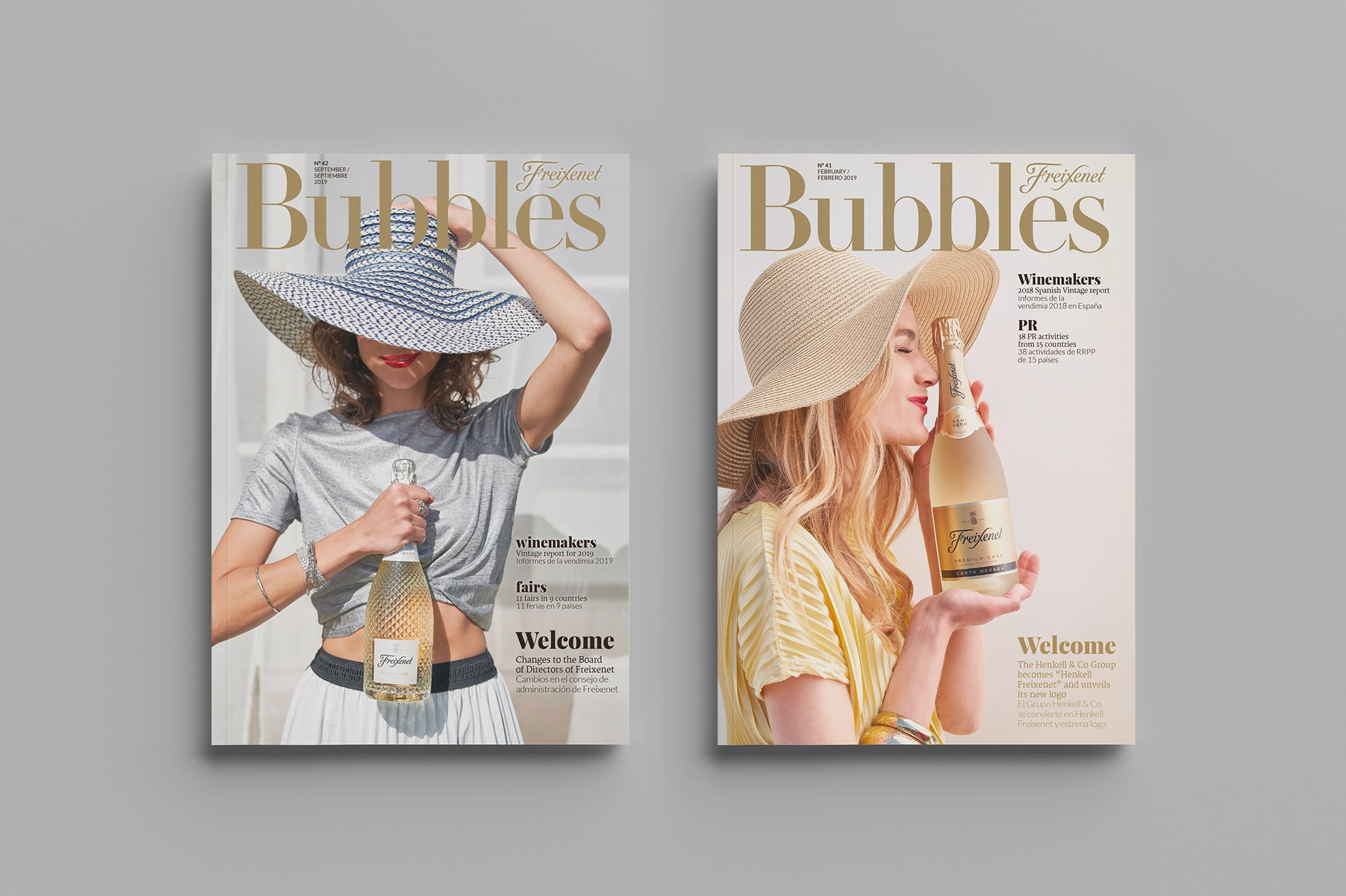 Diseño editorial, diseño de cubierta y maquetación de la revista Bubbles de Freixenet. Portadas