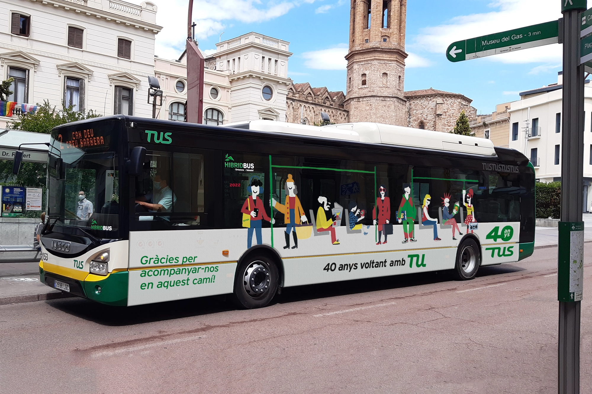 Diseño, campaña, presentacion, TUS Transports Urbans de Sabadell, aniversari 40 anys, aplicacion en autobús